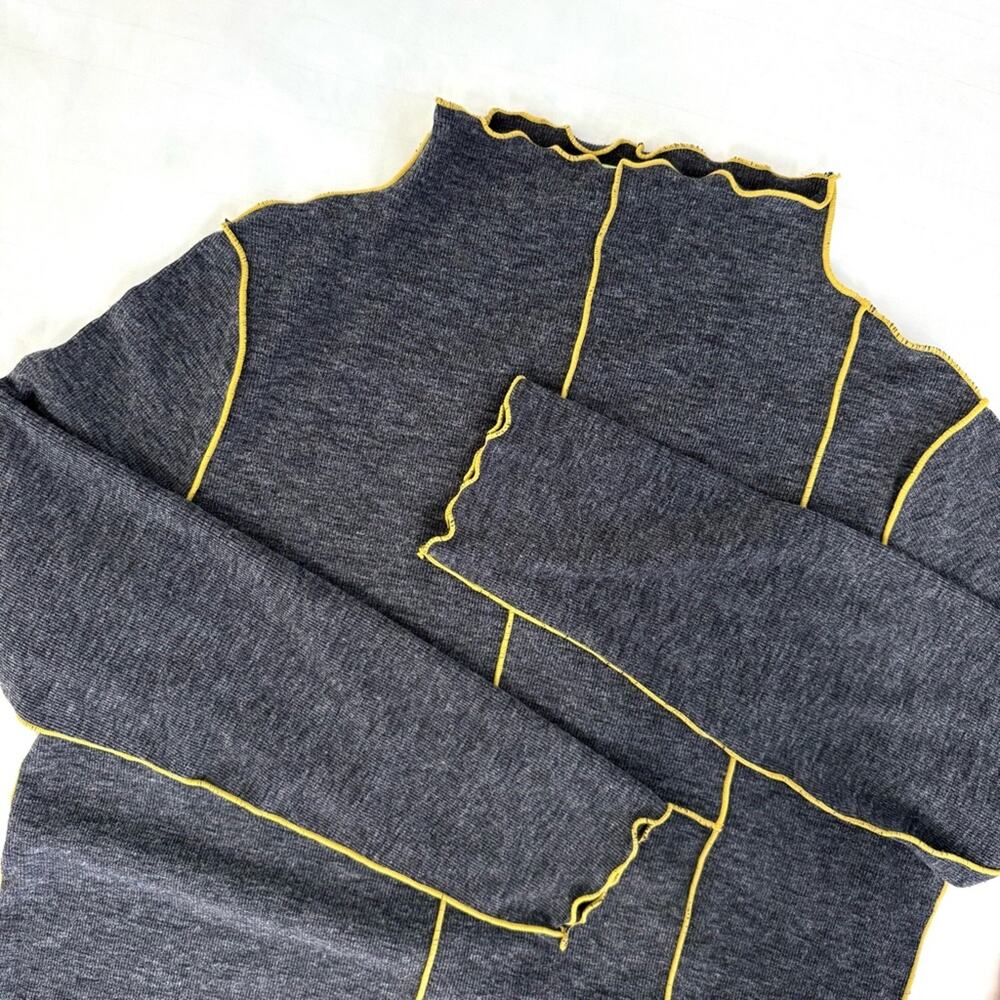Trisha Tyler VTG 90s Mock Neck Top Women L Gray Yellow Artsy Boho Lagenlook